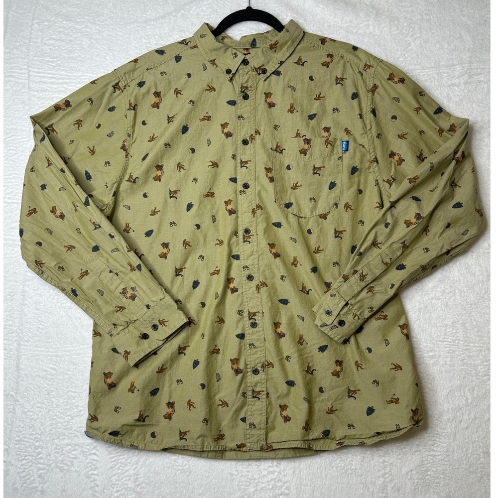 KAVU Bigfoot Sasquatch Shirt Mens XXL Green Print Long Sleeve Button Down